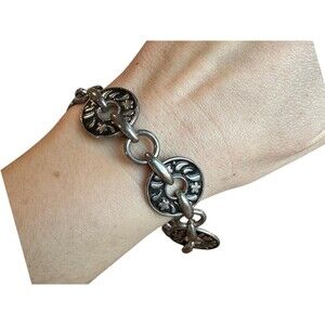 Vintage Jewelry Black and Silver Tone Floral Chain Link Bracelet  Lobster Claw